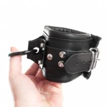 BLACK LEATHER ANKLE CUFFS + METAL PLATE