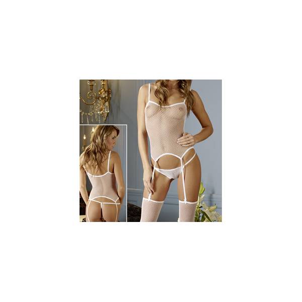 GIRDLE + THONG + WHITE FISHNET STOCKINGS