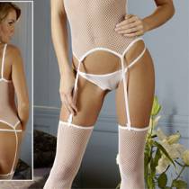 GIRDLE + THONG + WHITE FISHNET STOCKINGS