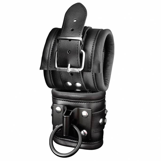 HANDSCHELLEN AUS SCHWARZEM LEDER + METALLPLATTE