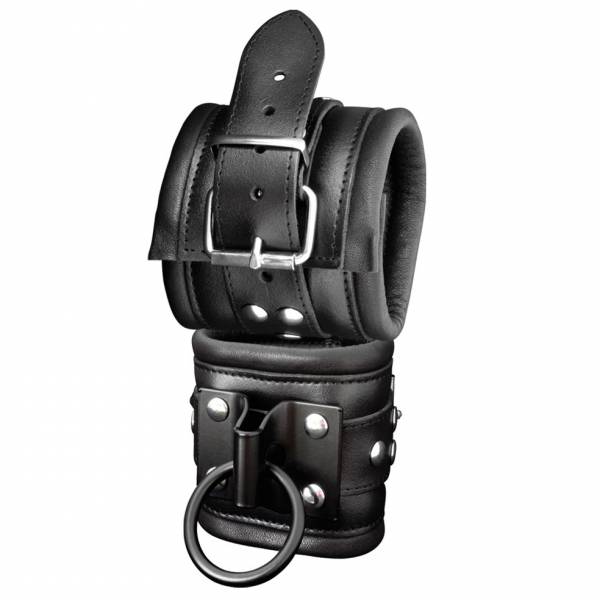 HANDSCHELLEN AUS SCHWARZEM LEDER + METALLPLATTE