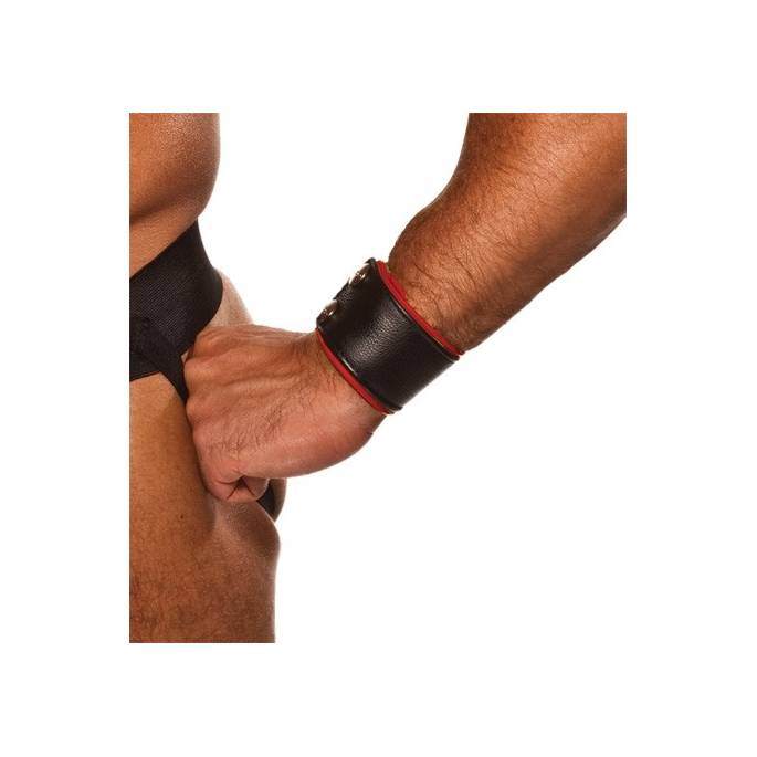 BRACELET PORTE MONNAIE CUIR NOIR ROUGE LARGE