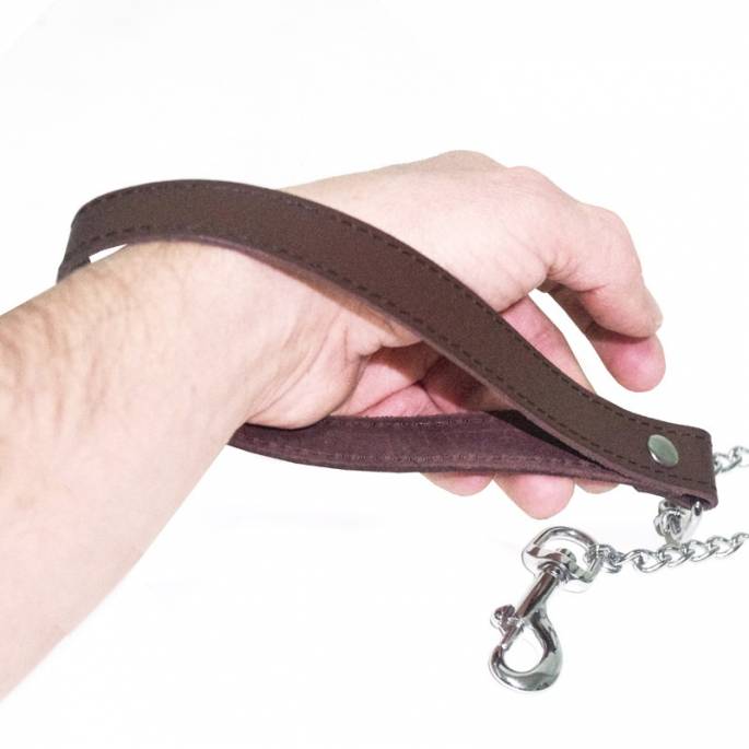 LAISSE POIGNE CUIR MARRON + CHAINE