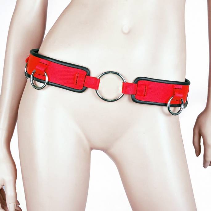 CEINTURE BONDAGE NYLON ROUGE ET CUIR NOIR