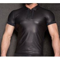 SCHWARZES POLOSHIRT WETLOOK SCHWARZE STREIFEN