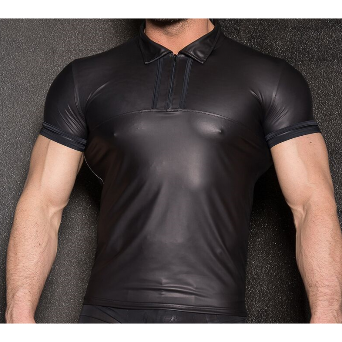 SCHWARZES POLOSHIRT WETLOOK SCHWARZE STREIFEN