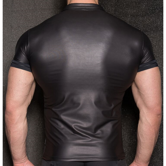 SCHWARZES POLOSHIRT WETLOOK SCHWARZE STREIFEN