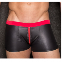 SCHWARZE WETLOOK-BOXERSHORTS + ROTER REISSVERSCHLUSS