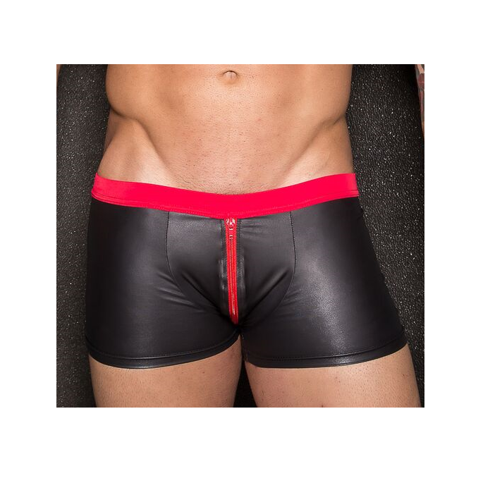 SCHWARZE WETLOOK-BOXERSHORTS + ROTER REISSVERSCHLUSS