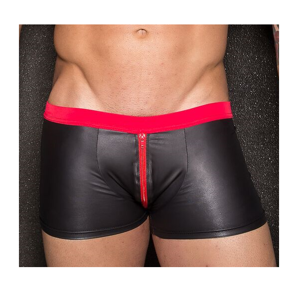 SCHWARZE WETLOOK-BOXERSHORTS + ROTER REISSVERSCHLUSS