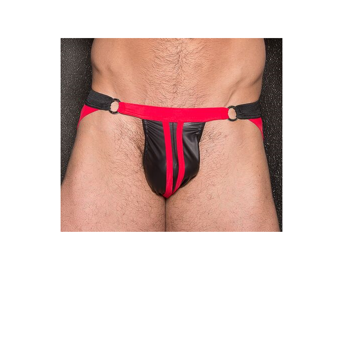 JOCKSTRAP WETLOOK NOIR BANDES ROUGES
