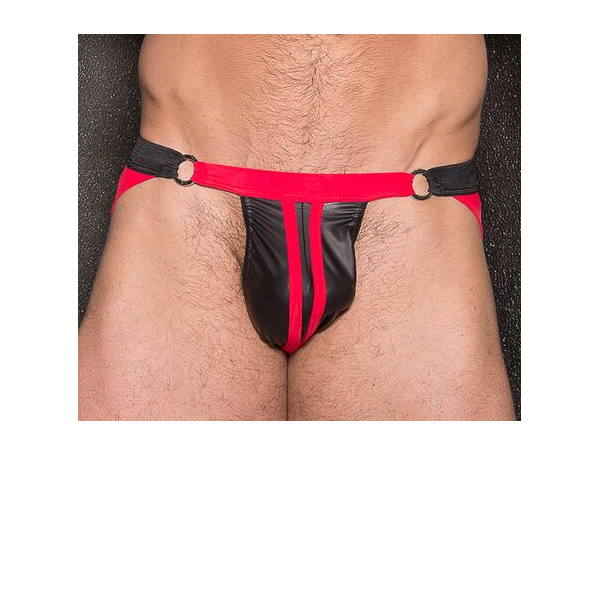 WETLOOK-JOCKSTRAP SCHWARZ ROTE STREIFEN