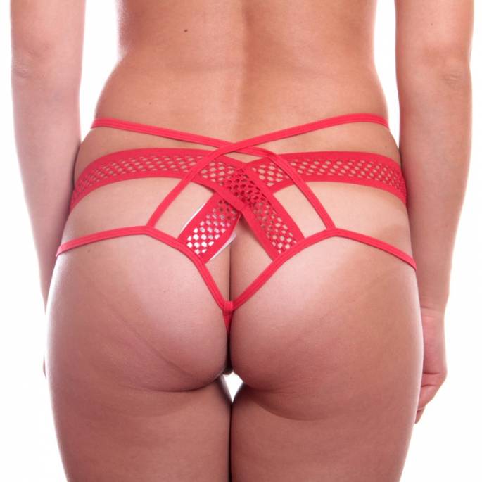 STRING ROUGE RÉSILLE + LANIÈRES