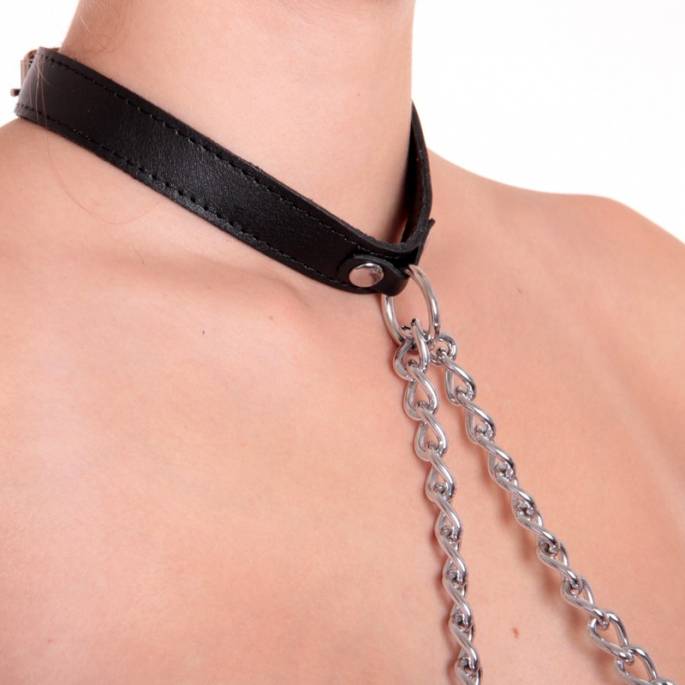 HALSBAND + HANDSCHELLEN AUS SCHWARZEM LEDER + KETTEN