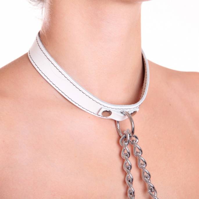 HALSBAND + HANDSCHELLEN AUS WEISSEM LEDER + KETTEN
