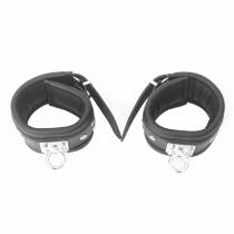 BLACK LEATHER HANDCUFFS + METAL RING 360