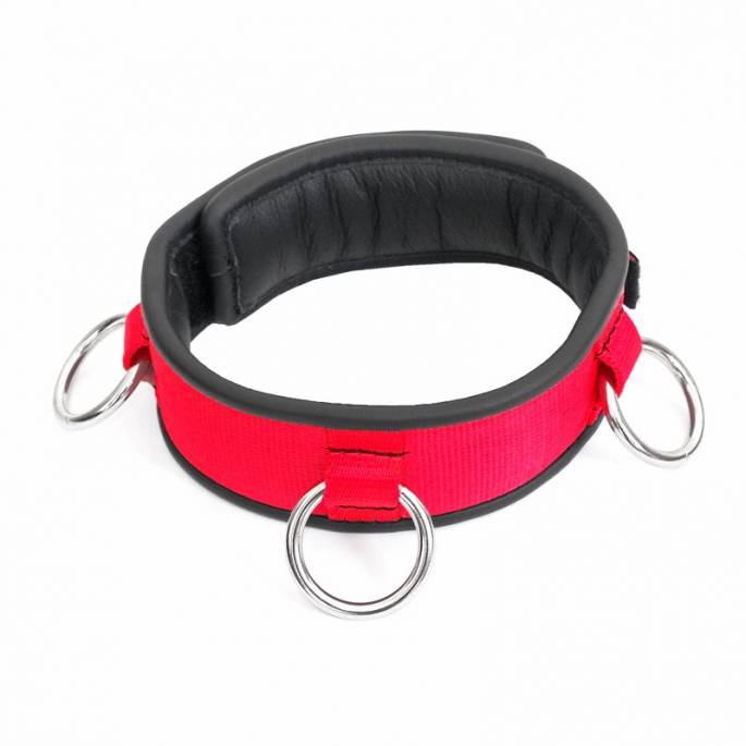 COLLIER NYLON ROUGE ET CUIR NOIR 3 ANNEAUX
