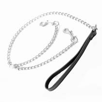 LAISSE CUIR NOIR + CHAINE DOUBLE MOUSQUETON