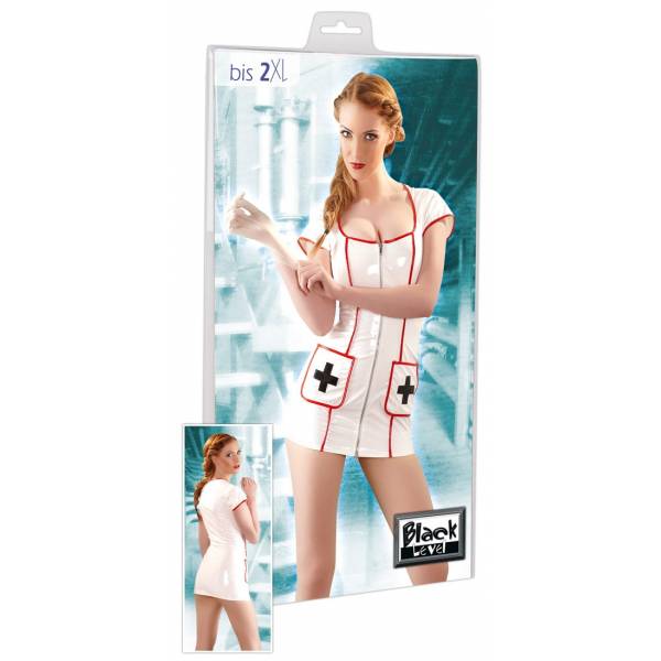 WHITE VINYL NURSE TUNIC WITH RED STITCHING