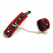 BLACK LEATHER HANDCUFFS RED SUEDE