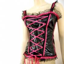 BUSTIER VINYLE NOIR LACET ROSE