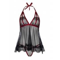BABYDOLL-TOP + STRING SCHLEIER SCHWARZ UND ROT