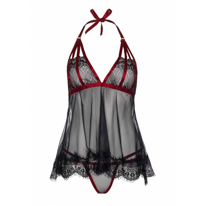 BABYDOLL-TOP + STRING SCHLEIER SCHWARZ UND ROT