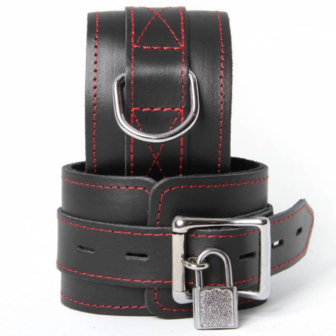 MENOTTES CUIR NOIR COUTURE ROUGE CADENASSABLES