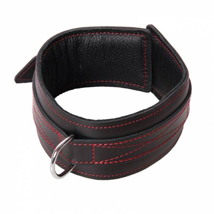 HALSBAND AUS SCHWARZEM LEDER MIT ROTER NAHT, MIT VORHÄNGESCHLOSS ABSCHLIESSBAR