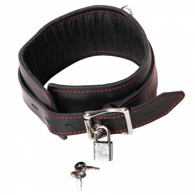 HALSBAND AUS SCHWARZEM LEDER MIT ROTER NAHT, MIT VORHÄNGESCHLOSS ABSCHLIESSBAR