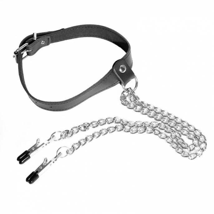 COLLIER CUIR NOIR + PINCES A SEINS