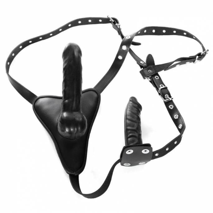 LEDER HARNESS DILDO + INTEGRIERTER PLUG SCHWARZ