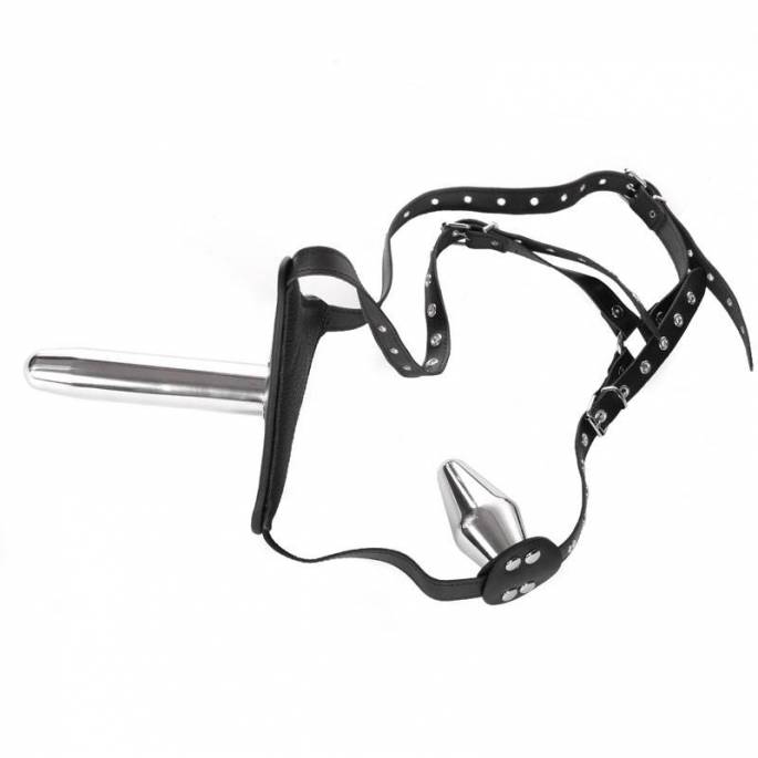 LEDERGESCHIRR METALLDILDO + INTEGRIERTER PLUG