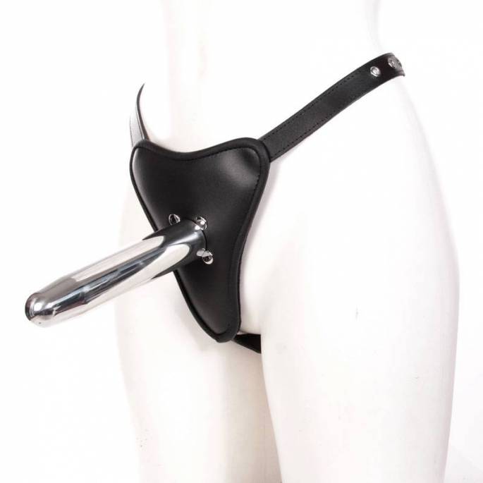 LEDERGESCHIRR METALLDILDO + INTEGRIERTER PLUG