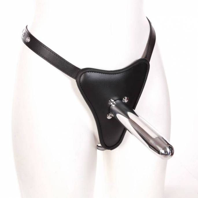 LEDERGESCHIRR METALLDILDO + INTEGRIERTER PLUG