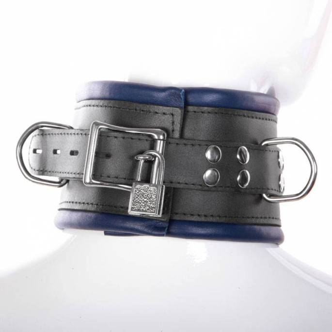 COLLIER CUIR LARGE NOIR/BLUE CADENASSABLE