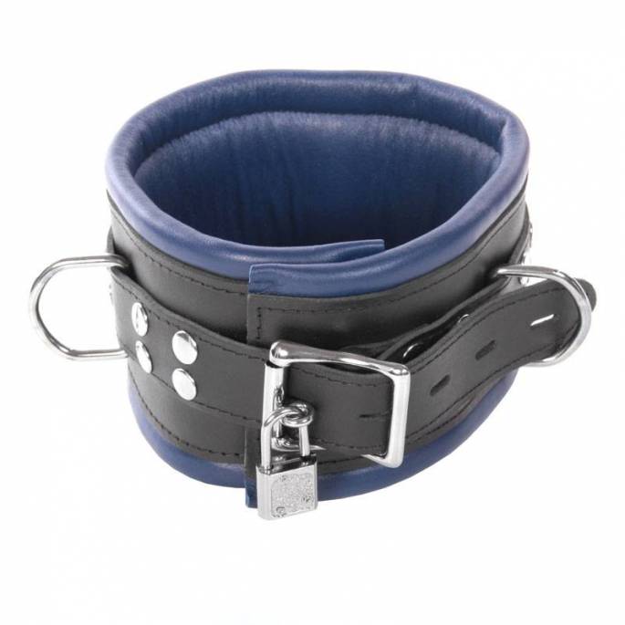 BREITES LEDERHALSBAND SCHWARZ/BLAU MIT VORHÄNGESCHLOSS