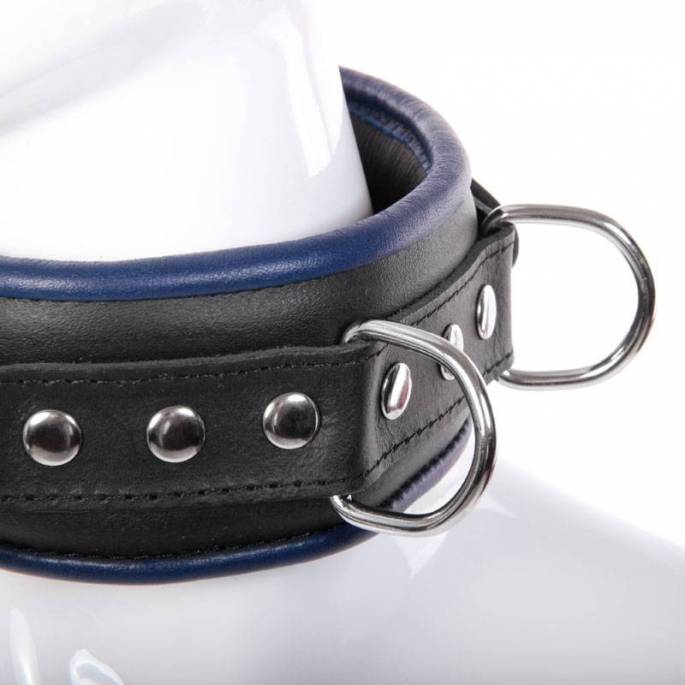 COLLIER CUIR NOIR/BLEU CADENASSABLE + 4 ANNEAUX