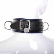 SCHWARZ/BLAUES LEDERHALSBAND MIT VORHÄNGESCHLOSS + 4 RINGE