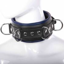 SCHWARZ/BLAUES LEDERHALSBAND MIT VORHÄNGESCHLOSS + 4 RINGE