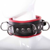 COLLIER CUIR NOIR/ROUGE CADENASSABLE + 4 ANNEAUX