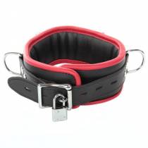 SCHWARZES/ROTES LEDERHALSBAND MIT VORHÄNGESCHLOSS + 4 RINGE