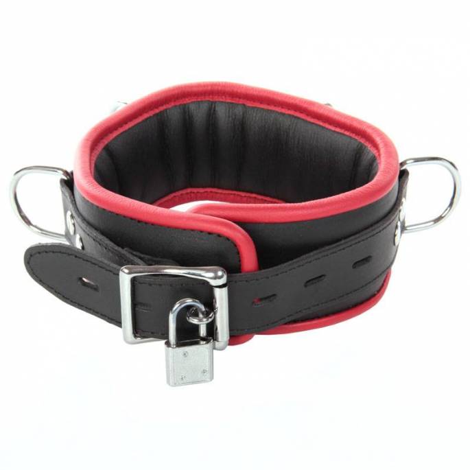 SCHWARZES/ROTES LEDERHALSBAND MIT VORHÄNGESCHLOSS + 4 RINGE