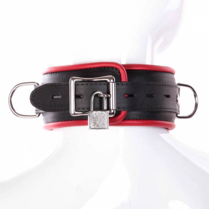 COLLIER CUIR NOIR/ROUGE CADENASSABLE + 4 ANNEAUX