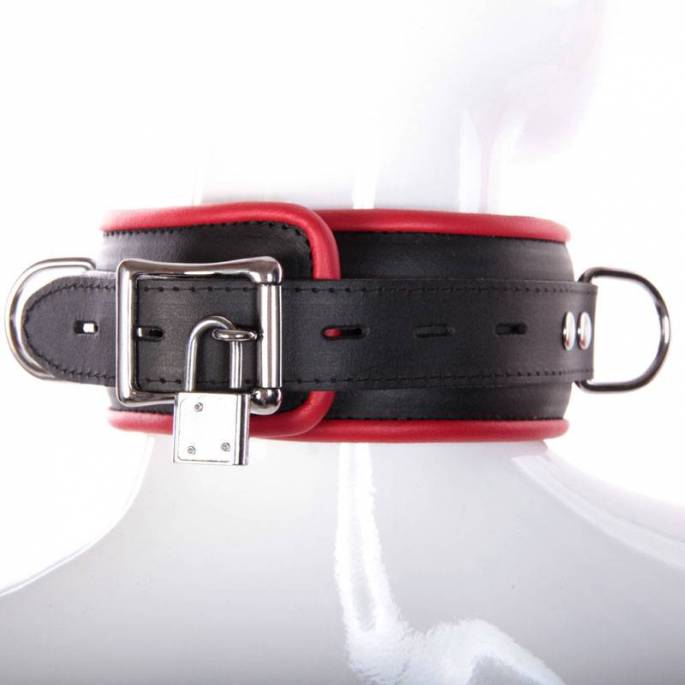 COLLIER CUIR NOIR/ROUGE CADENASSABLE + 4 ANNEAUX