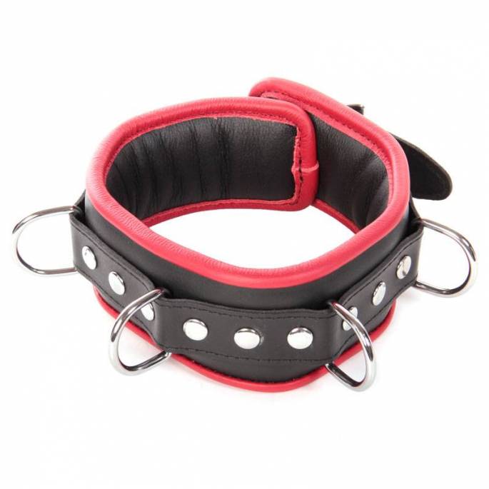 COLLIER CUIR NOIR/ROUGE CADENASSABLE + 4 ANNEAUX