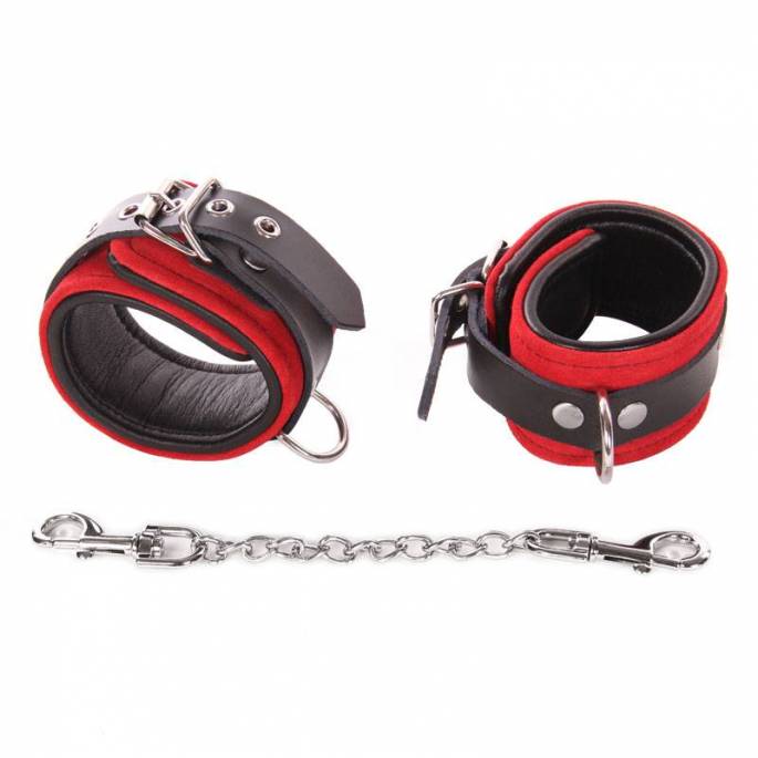 BLACK LEATHER HANDCUFFS RED SUEDE