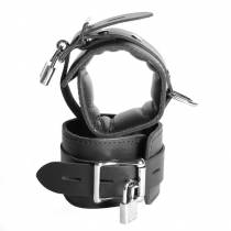 HANDSCHELLEN AUS SCHWARZEM LEDER MIT VORHÄNGESCHLOSS