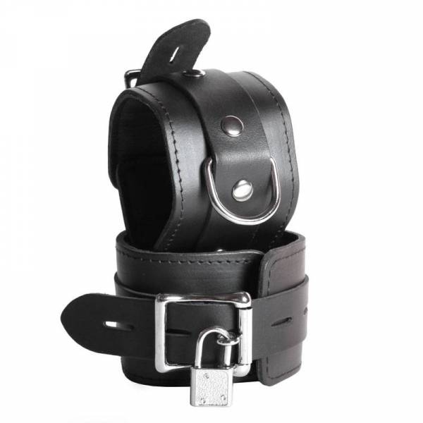 HANDSCHELLEN AUS SCHWARZEM LEDER MIT VORHÄNGESCHLOSS