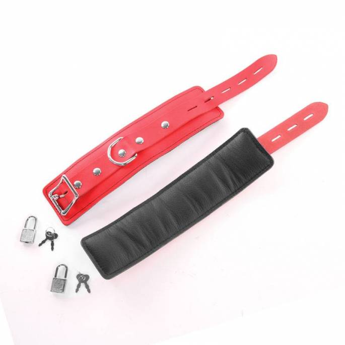 HANDSCHELLEN AUS ROTEM LEDER MIT VORHÄNGESCHLOSS